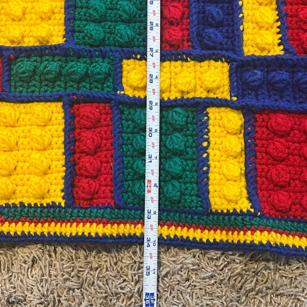 Handmade Crochet Building Block Baby Blanket Primary Colors Bobble Stitch Throw